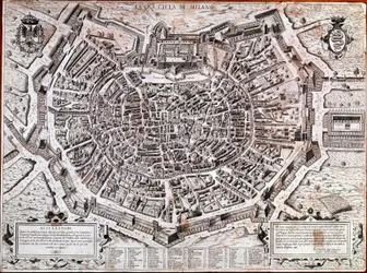 Stadtplan von Mailand, herausgegeben von Antonio Lafreri (1512-1577) im Jahr 1573. Dies ist der älteste Stadtplan von Mailand