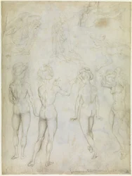 Vier Studien eines weiblichen Aktes, eine Verkündigung und zwei Studien einer schwimmenden Frau, um 1425