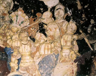 Turnier-Schlacht von Louvezerp, von Antonio Pisano, bekannt als Pisanello (vor 1395-ca. 1455), Fresko. (Detail)