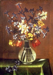 Stillleben mit Blumen, darunter Hyazinthe, Tulpen und Pfauenauge