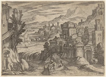 Flusslandschaft mit einer Stadt rechts und einem Fischerboot im Vordergrund