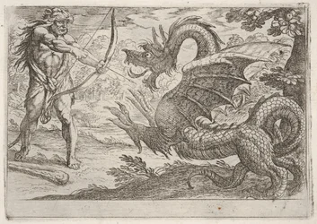 Herkules und die Schlange Ladon: Herkules spannt seinen Bogen, die sich aufbäumende Schlange erscheint im Profil, 1608.