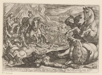 Josua lähmt die Pferde und verbrennt die Wagen der Völker (Iosue absoluto bello crura hostium equis amputat, currus comburit, Alttestamentliche Kampfszenen)