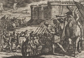 Tafel 16: Römische Gefangene vor der alten Festung, aus Der Krieg der Römer gegen die B..., 1611