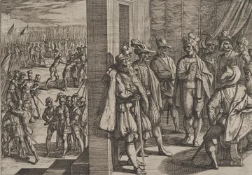 Tafel 18: Geheimes Treffen von Civilis mit anderen Führern aus Trier, aus Der Krieg der Römer, 1611