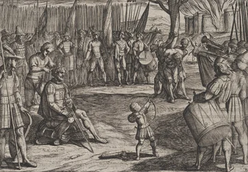 Tafel 20: Civilis lässt sich die Haare schneiden, aus Der Krieg der Römer gegen die Bataver