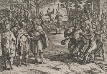Tafel 2: Die Römer nehmen alte niederländische Männer als Geiseln und verführen junge, aus Der Krieg...
