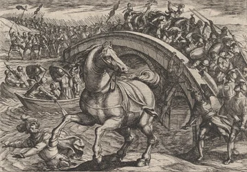 Civilis gezwungen abzusteigen und den Fluss zu durchschwimmen, aus Der Krieg der Römer, 1611