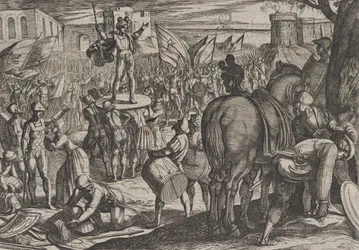 Tafel 5: Bruno wird zum Anführer der Caninefaten ernannt, aus Der Krieg der Römer gegen die..., 1611.