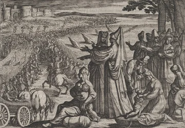 Tafel 8: Frauen und Kinder beobachten Civilis, der gegen die Römer kämpft, aus Der Krieg der Römer..., 1611