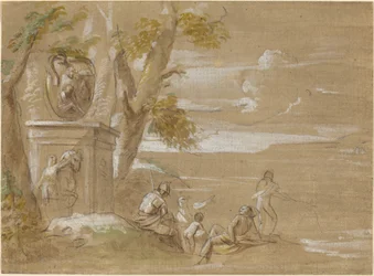 Landschaft mit sitzenden Soldaten und Fischern