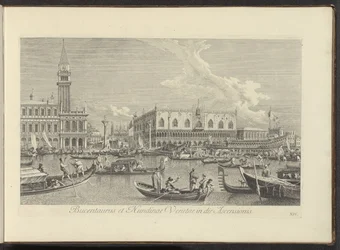 Ansicht des Canal Grande in Venedig mit dem Bucintoro des Dogen (Urbis Venetiarum prospectus celebriores, ex Antonii Canal tabulis XXXVIII aere expressi ab Antonio Vissentini)