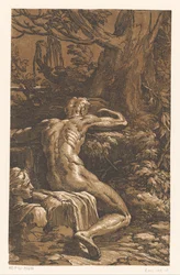 Nackter Mann in einer Landschaft