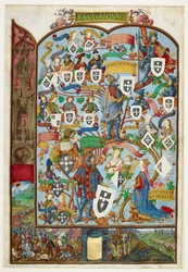 Stammbaum der Könige von Portugal mit der Abstammung von Sancho II. und Alfons III. Unterer Rand: die Schlacht am Salado im Jahr 1340