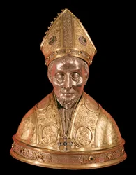 Reliquienbüste des Ignatius von Antiochien (ca. 35-110). Goldene Kupferskulptur, Antonio di Salvi zugeschrieben, toskanische Schule des 15. Jahrhunderts. Florenz, Museo Nazionale del Bargello, Inv.-Nr. 4 OR