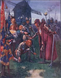 Der Prinz kniet vor seinem Vater nieder: Ihm gehört die Schlacht - ganz ihm! Illustration aus Ballads of Famous Fights, ca. 1900