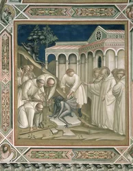 Der schwere Stein (Detail) aus dem Leben des heiligen Benedikt (ca. 480-550), in der Sakristei, 1387