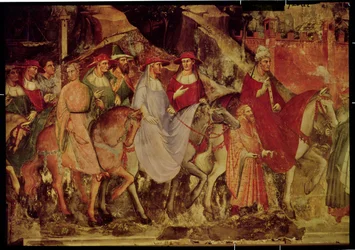 Die Geschichte von Papst Alexander III. (1105-81): Der Einzug des Papstes und Kaiser Friedrich Barbarossa (ca. 1123-90) in Rom, 1407 (Detail)
