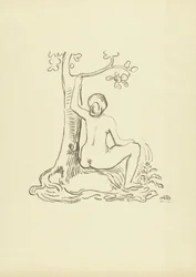 Nackte Frau, die bei einem Baum sitzt