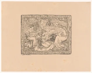 Wandteppich mit vier musizierenden Frauen in Landschaft