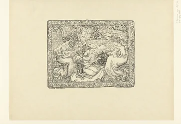 Wandteppich mit vier musizierenden Frauen in der Landschaft