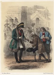 König Karl XIV. (Jean de Suede) (John Baptiste Bernadotte) (1763-1844) wird von seinem ehemaligen Lehrer mit einer Medaille ausgezeichnet - Kupferstich von Telory