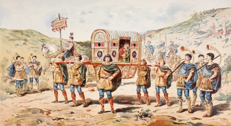 Eine Adlige des 9. Jahrhunderts, getragen in einer Sänfte von vier Männern