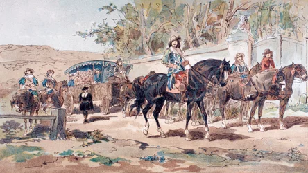 Pferdegezogener öffentlicher Wagen des 17. Jahrhunderts mit berittener Eskorte, 1886