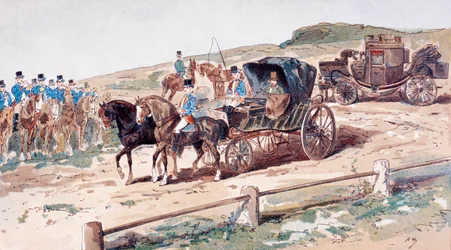 Ein Postillion auf einem Kutschpferd, 19. Jahrhundert, 1886