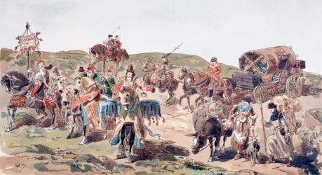 Ein Wagen, der im 15. Jahrhundert mit Eskorte reist, 1886