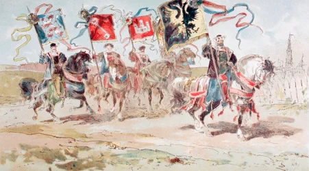 Reiter mit Bannern der Hanse und der zur Hanse gehörenden Städte, 16. Jahrhundert, 1886