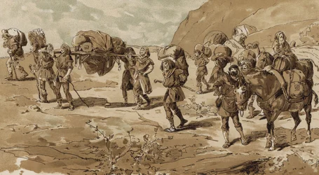 Sänfte, Träger und beladene Packesel, Zeit der Kreuzzüge, 11. Jahrhundert