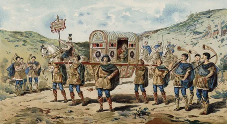 Sänfte mit Eskorte, begleitet von Buccina-Spielern. Zeit Karls des Großen, 9. Jahrhundert