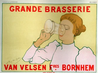 Essen und Trinken. Große Brauerei Van Velsen, Belgien. Plakat von Armand Rassenfosse, Belgien, ca. 1890 (Plakat)