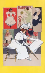 Frau betrachtet Drucke im Kunstladen