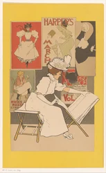 Sitzende Frau betrachtet Drucke in einem Druckständer