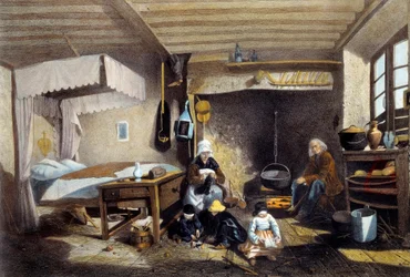Bauerninterieur bei Royat in der Auvergne. Die Mutter näht, der Vater sitzt am großen Kamin, während die Kinder spielen. Lithographie von Armand Théophile Cassagne (1823-1907) 19. Jahrhundert. Musée National des Arts et Traditions Populaire, Paris