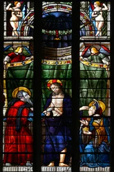 Der auferstandene Christus nimmt die Hand des heiligen Thomas, um ihm seine Wunden zu zeigen, und berührt mit der anderen Hand die Stirn der heiligen Maria Magdalena - Glasmalerei aus der Kapelle Notre Dame d