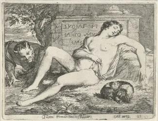 Schlafende Nymphe mit einem Hund, beobachtet von einem Satyr