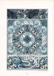 Blaue und weiße Ornamentmuster mit Schmetterlingen und Vogel