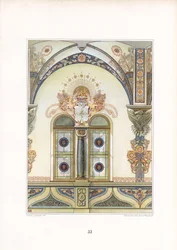Dekorative Jugendstil-Innenarchitektur mit Bogen und heraldischen Elementen