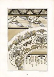 Dekorative Jugendstil-Ornamente mit Vögeln und Fächermotiven (Lithografie)