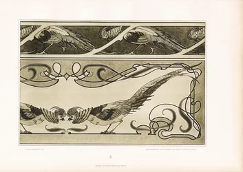 Ornamentale Bordüren mit stilisierten Fasanen und linearen Ornamenten