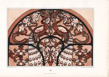 Halbkreisförmiger Ornamententwurf mit Pfauenpaar und Schmetterling