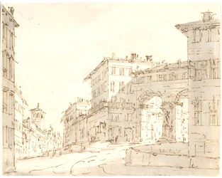 Italienische Straßenszene mit Kirche links und Portal rechts