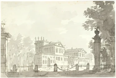 Palast in einem eingezäunten Park, rechts ein Gittertor