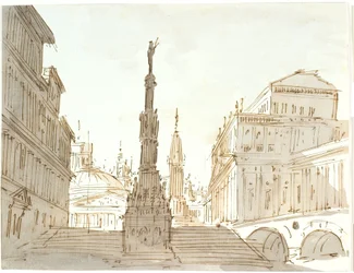 Treppe mit Säule umgeben von Palästen und Kirchen