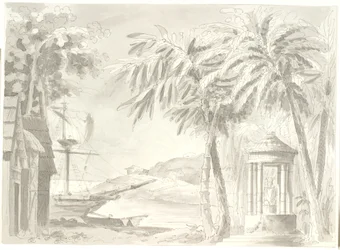 Tropische Küstenlandschaft mit Palmen, Schiff und kleinem Tempel (Buddha?)