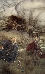 Und nun treffen sie sich nie im Hain oder Grün, Bei klaren Brunnen oder funkelndem Sternenlicht. Aber sie streiten, Illustration aus 