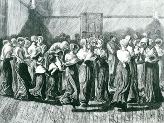 Shakers bei einem Treffen: der religiöse Tanz, Illustration aus The Graphic, veröffentlicht am 14. Mai 1870